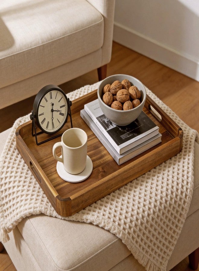 HILLSPRING Acacia Wood Serving Tray with Handles,17 Inch Rectangular Farmhouse Rustic Ottoman & Coffee Table Tray for Living Room, Breakfast in Bed, Charcuterie, Brown - Image 5
