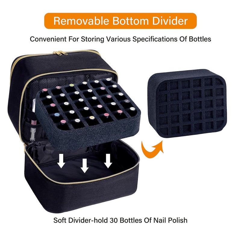 UOZL Nail Polish Organizer, Handheld Double Layer Organizer Holds 30 Bottles (15 ml/0.5 floz) with Adjustable Dividers for Nail Polish Small Manicure Lamp Manicure Tools Essential and Travel,Black - Image 5