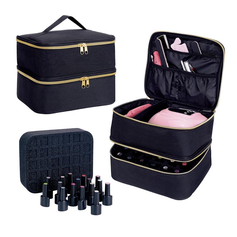 UOZL Nail Polish Organizer, Handheld Double Layer Organizer Holds 30 Bottles (15 ml/0.5 floz) with Adjustable Dividers for Nail Polish Small Manicure Lamp Manicure Tools Essential and Travel,Black - Image 2