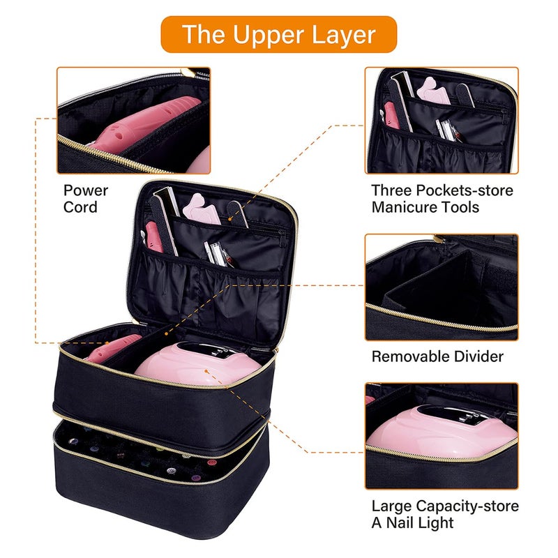 UOZL Nail Polish Organizer, Handheld Double Layer Organizer Holds 30 Bottles (15 ml/0.5 floz) with Adjustable Dividers for Nail Polish Small Manicure Lamp Manicure Tools Essential and Travel,Black - Image 4