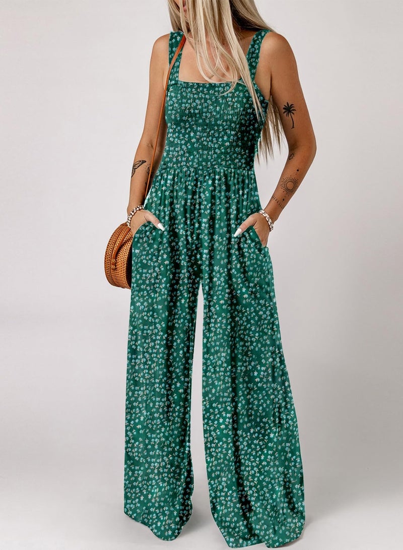 Dokotoo Womens Casual Loose Overalls One Piece Sleeveless Jumpsuits for Women Stretchy Wide Leg Long Pant Rompers Jumpsuit with Pockets Printed 2026 Fashion Small Green - Image 2