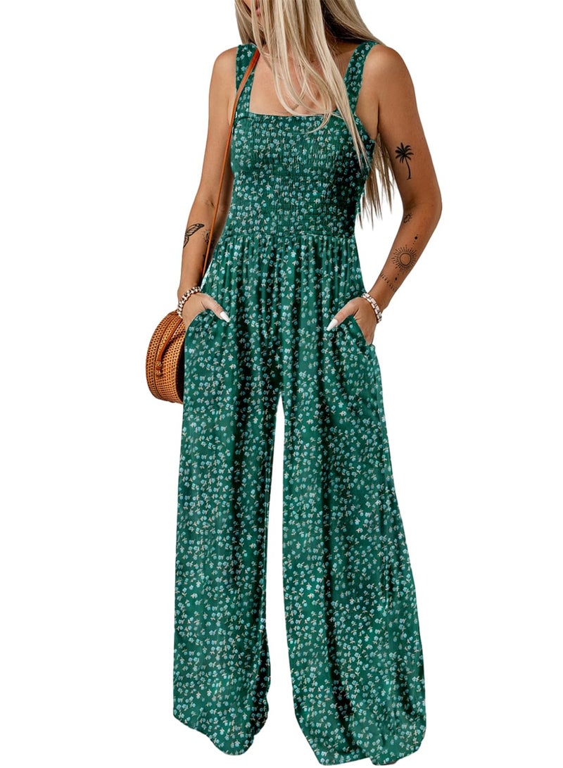 Dokotoo Womens Casual Loose Overalls One Piece Sleeveless Jumpsuits for Women Stretchy Wide Leg Long Pant Rompers Jumpsuit with Pockets Printed 2026 Fashion Small Green - Image 1