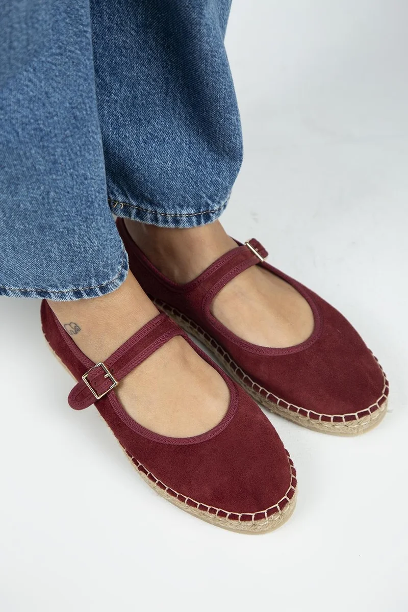 Manijero Manijero Lipa Women's Genuine Leather Single Strap Espadrille Ballet Flats Burgundy Shoes