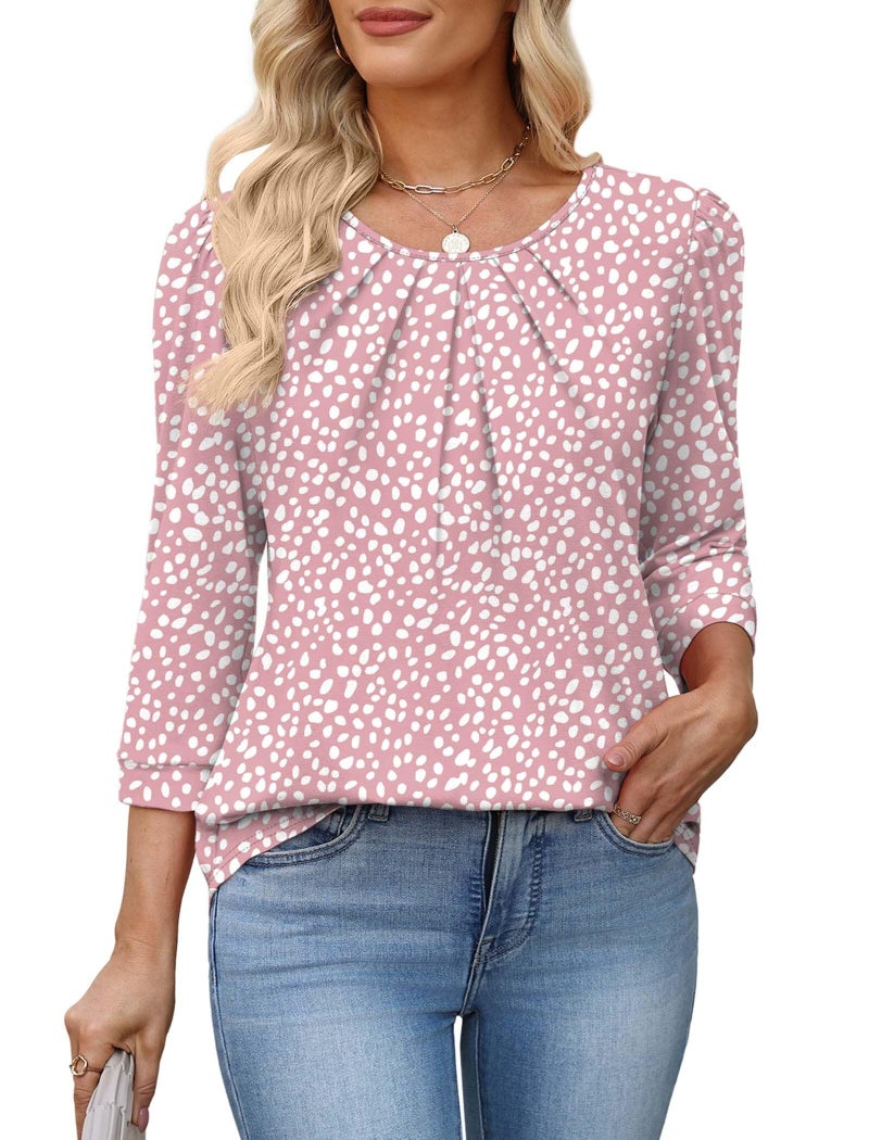 OFEEFAN Plus Size Spring Tops for Women 2026 Polka Dot Top 3/4 Sleeve Blouses Business Casual Outfits Crew Neck Pleated Front Shirts for Women Teacher Outfits Office Clothes Pink Dot XL - Image 4