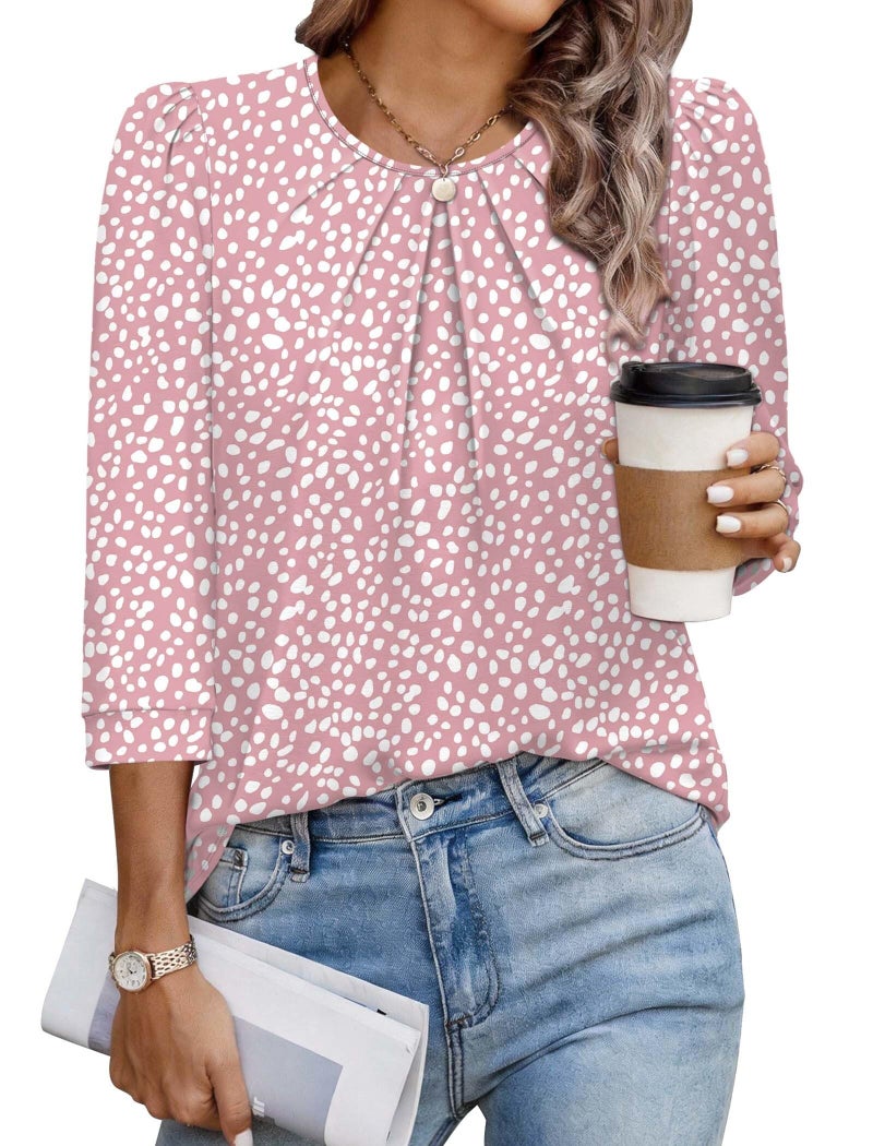 OFEEFAN Plus Size Spring Tops for Women 2026 Polka Dot Top 3/4 Sleeve Blouses Business Casual Outfits Crew Neck Pleated Front Shirts for Women Teacher Outfits Office Clothes Pink Dot XL - Image 1