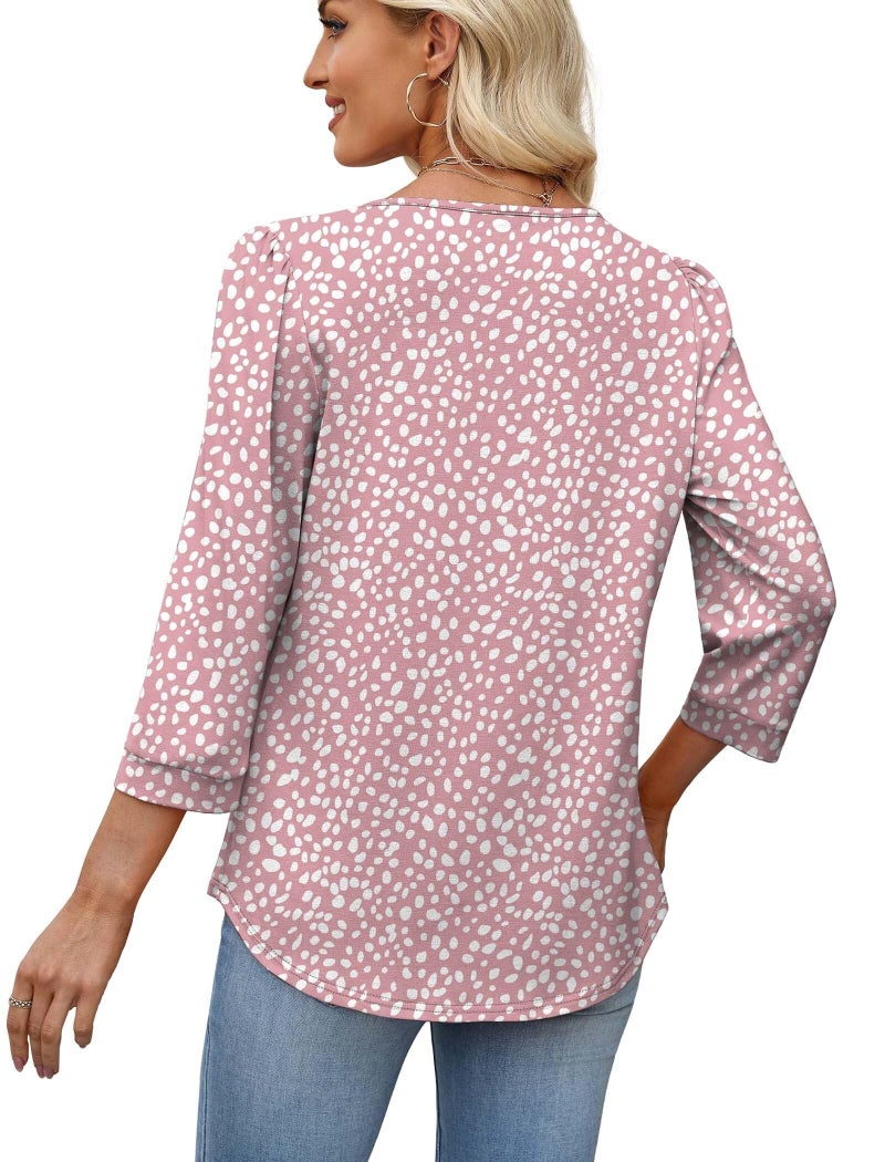 OFEEFAN Plus Size Spring Tops for Women 2026 Polka Dot Top 3/4 Sleeve Blouses Business Casual Outfits Crew Neck Pleated Front Shirts for Women Teacher Outfits Office Clothes Pink Dot XL - Image 5