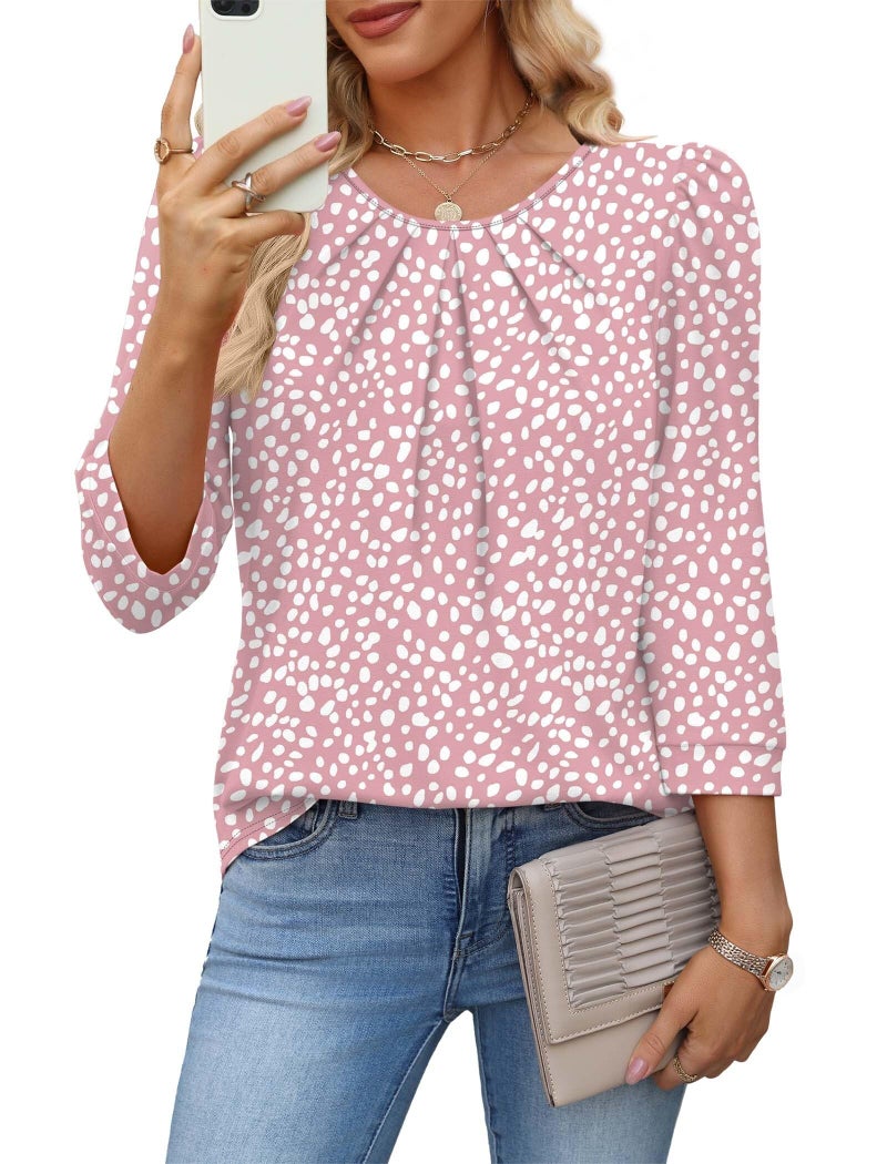 OFEEFAN Plus Size Spring Tops for Women 2026 Polka Dot Top 3/4 Sleeve Blouses Business Casual Outfits Crew Neck Pleated Front Shirts for Women Teacher Outfits Office Clothes Pink Dot XL - Image 2