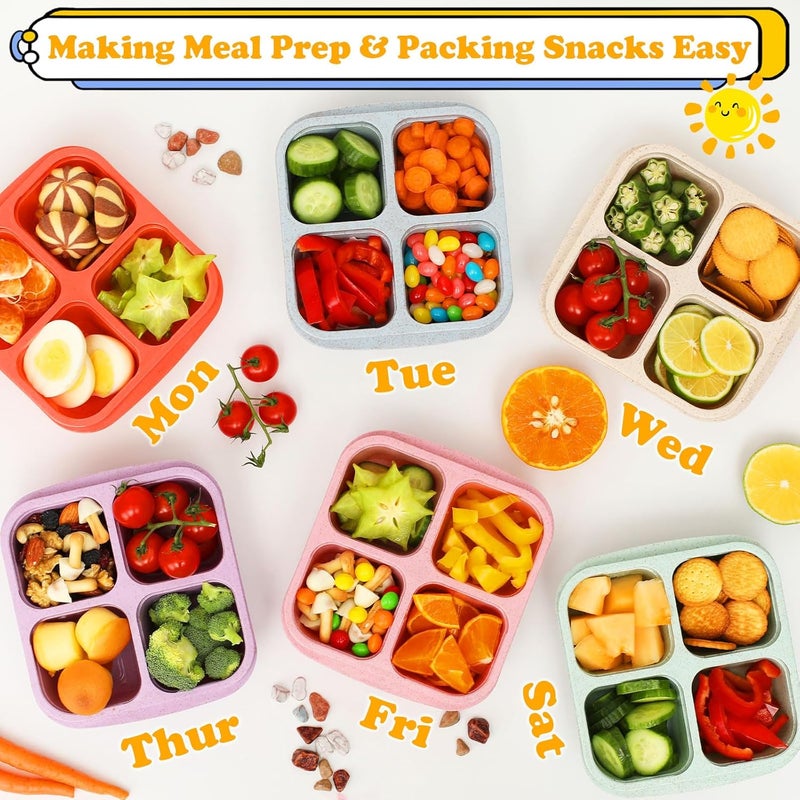 BE OVER QUALITY 6 Pack Snack Containers, 4 Compartment Divided Snack Container for Kids, Bento Snack Box for Adults, Reusable Meal Prep Lunch Containers, Microwave Safe, Small Bento Box for Work Travel - Image 4
