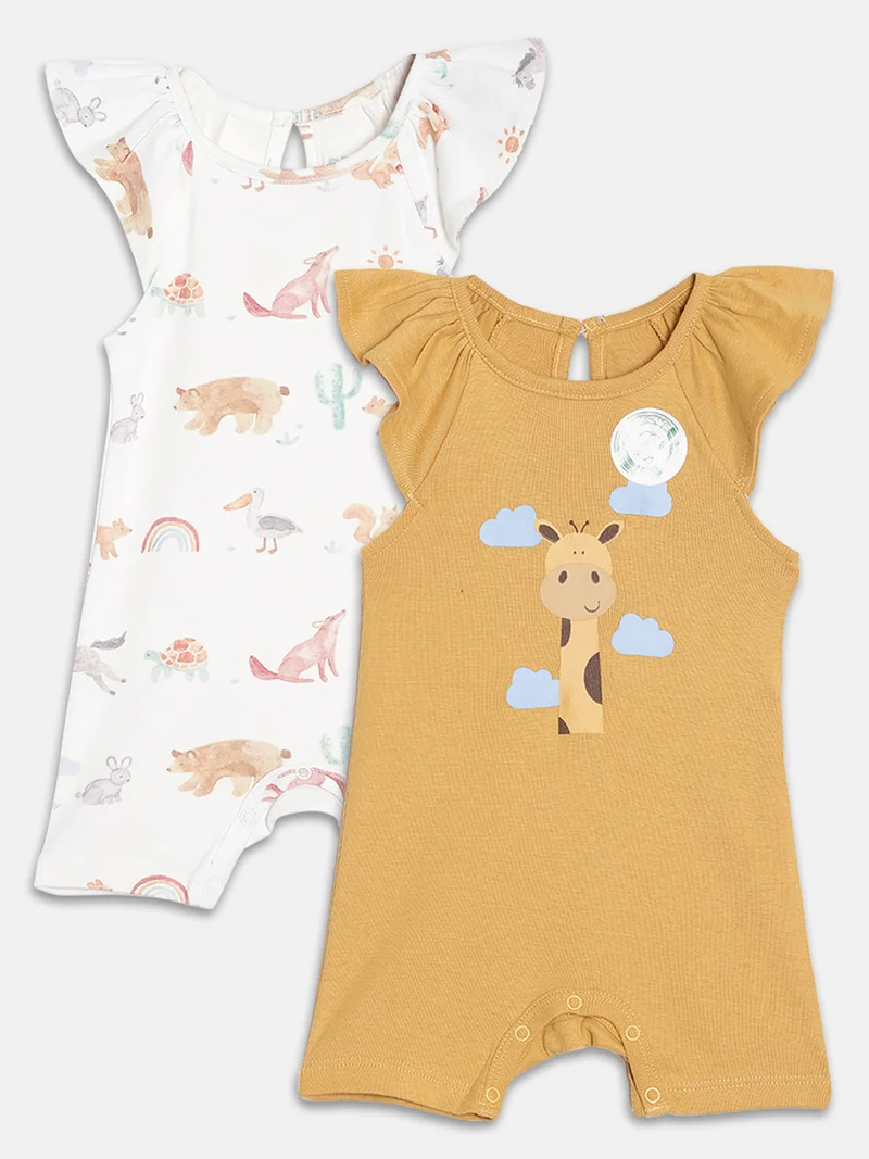 Broon Broon Infant Girls White and Mustard Printed Organic Cotton Rompers Pack of 2
