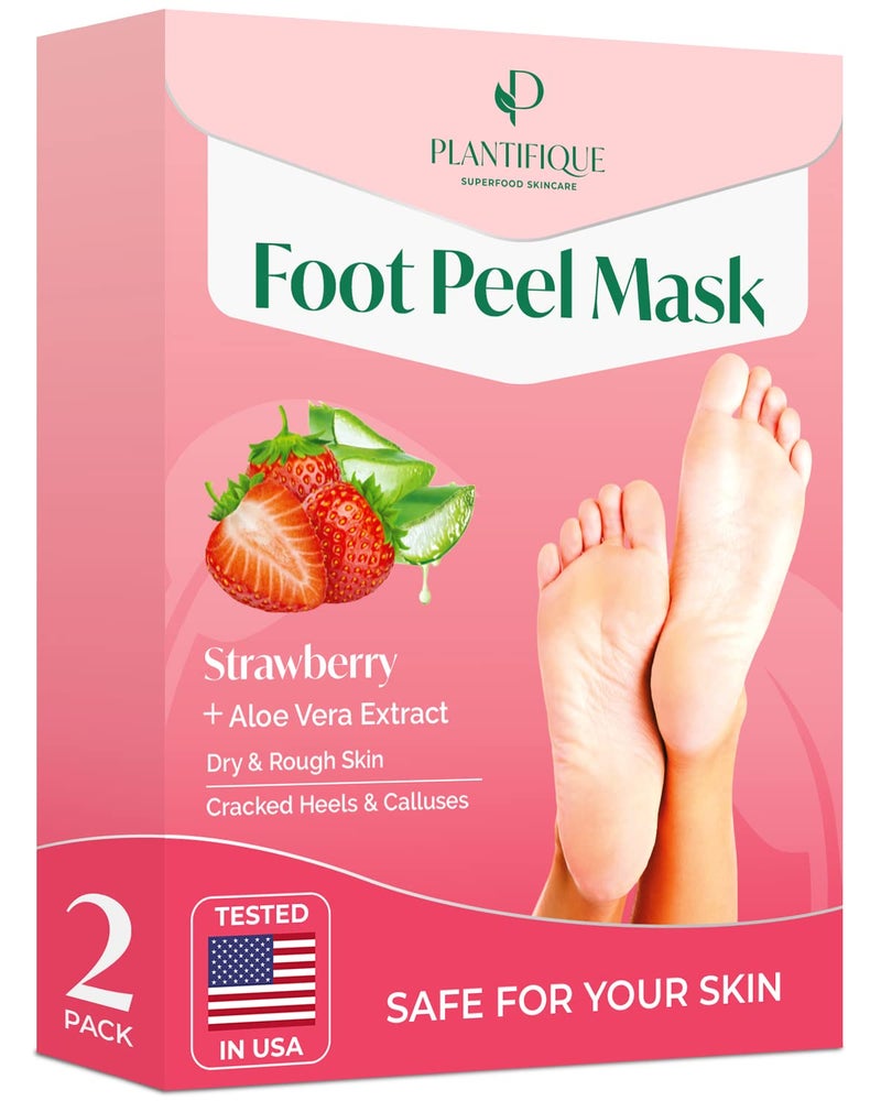 PLANTIFIQUE Foot Peeling Mask 2 Pack | Dermatologically Tested Repairs Heels & Removes Dry Dead Skin for Baby Soft Feet | Exfoliating Foot Peel Mask for Dry Cracked Feet | Strawberry - Image 1
