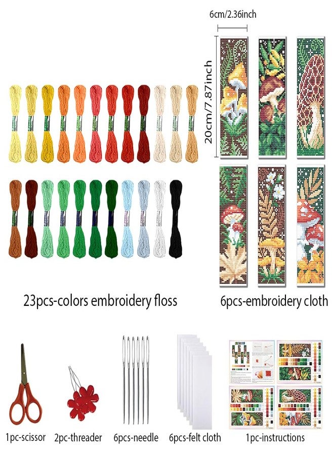 FREEBLOSS 6 Set Cross Stitch Bookmark Kit for Beginner Adults Mushroom Stamped Embroidery Bookmark Kits Cross Stitch Kits with Instruction Bookmarks Making Kit for Book Lovers 8x2.4in/22x8cm - Image 2