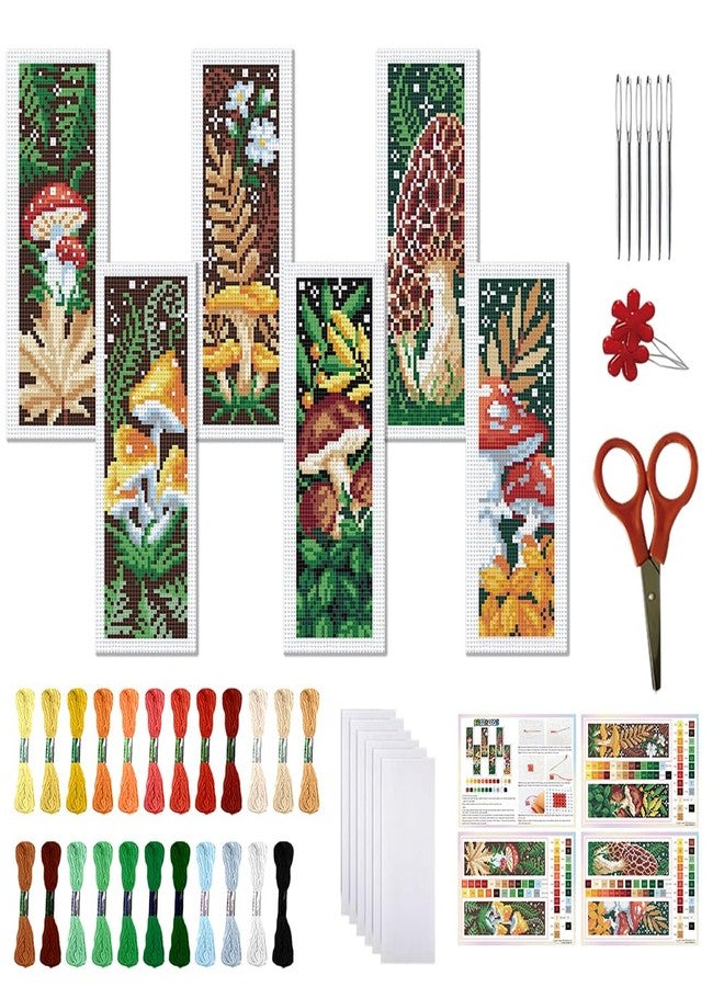 FREEBLOSS 6 Set Cross Stitch Bookmark Kit for Beginner Adults Mushroom Stamped Embroidery Bookmark Kits Cross Stitch Kits with Instruction Bookmarks Making Kit for Book Lovers 8x2.4in/22x8cm - Image 1