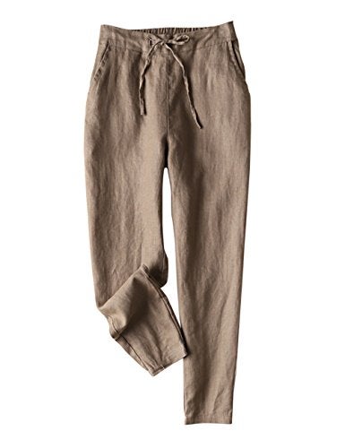 IXIMO Women's Tapered Pants 100% Linen Drawstring Back Elastic Waist Pants Trousers with Pockets Dark Khaki S - Image 1