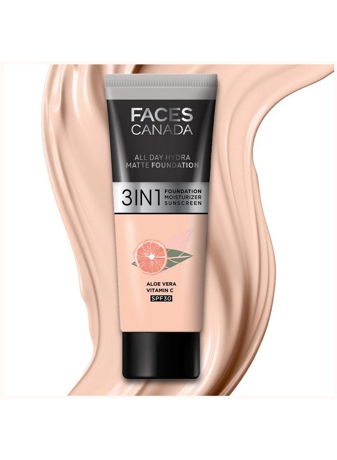 Facescanada كريم أساس Faces Canada All Day Hydra Matte - حجم صغير | كريم أساس 3 في 1 + مرطب + عامل حماية من الشمس 30 | ترطيب لمدة 24 ساعة بالألوفيرا وفيتامين سي | يدوم لمدة 10 ساعات | تغطية متوسطة إلى عالية قابلة للبناء | وردي عاجي، 15 مل - Image 1
