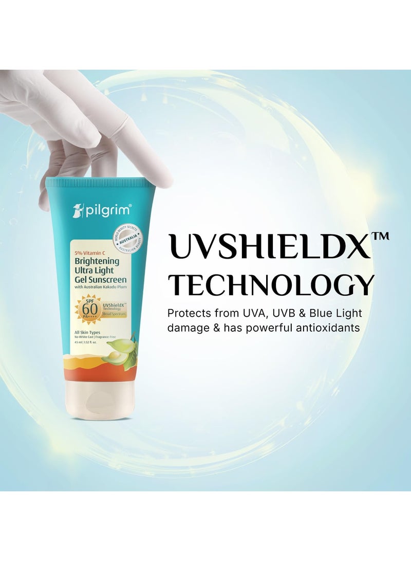 PILGRIM Vitamin C Brightening Ultra Light Gel Sunscreen SPF 60 PA++++ with Australian Kakadu Plum | No White Cast, Fast Absorbing, Fragrance-Free | UVA/UVB, Broad Spectrum Protection | Prevents Tanning | For All Skin Types | For Men and Women | 45ml - Image 2