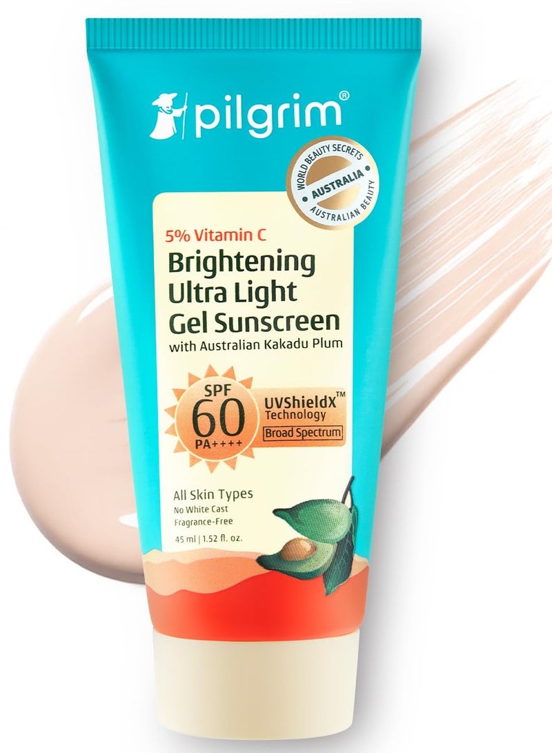 PILGRIM Vitamin C Brightening Ultra Light Gel Sunscreen SPF 60 PA++++ with Australian Kakadu Plum | No White Cast, Fast Absorbing, Fragrance-Free | UVA/UVB, Broad Spectrum Protection | Prevents Tanning | For All Skin Types | For Men and Women | 45ml - Image 1