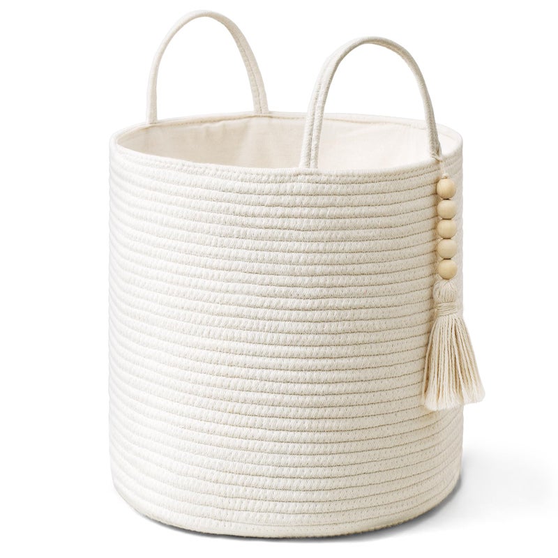 JANE سلة تخزين مكونو المنسوجة مع مقابض سلة قطنية مزخرفة مزينة بخشب للبطانيات والألعاب والملابس وديكور المنزل لغرفة المعيشة، 11"، أبيض - Image 1