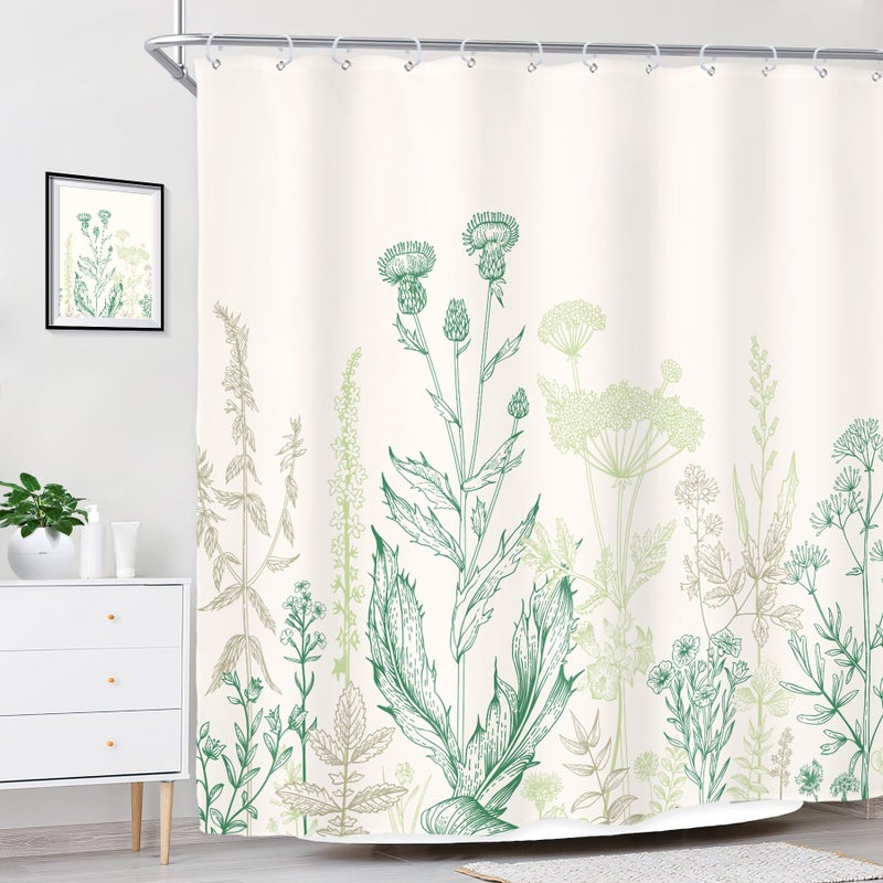 Riyidecor Green Floral Wildflower Shower Curtain for Bathroom Decor 72Wx72H Rustic Botanical Plant Leaves Farmhouse Spring Nature Beige Art Printed Fabric Polyester Waterproof 12 Pack Plastic Hooks - Image 3