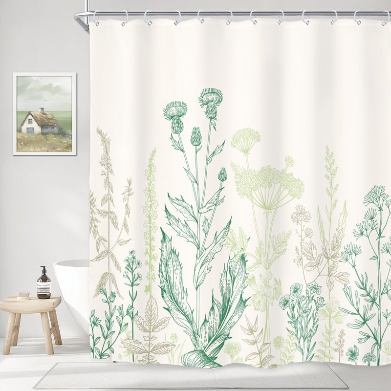 Riyidecor Green Floral Wildflower Shower Curtain for Bathroom Decor 72Wx72H Rustic Botanical Plant Leaves Farmhouse Spring Nature Beige Art Printed Fabric Polyester Waterproof 12 Pack Plastic Hooks - Image 2