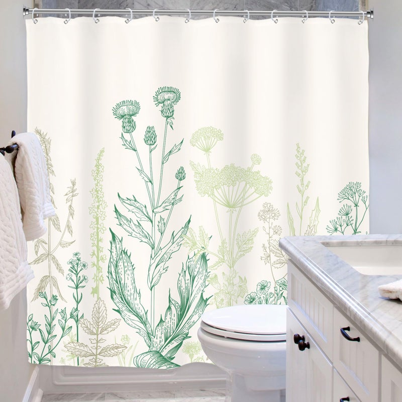 Riyidecor Green Floral Wildflower Shower Curtain for Bathroom Decor 72Wx72H Rustic Botanical Plant Leaves Farmhouse Spring Nature Beige Art Printed Fabric Polyester Waterproof 12 Pack Plastic Hooks - Image 4