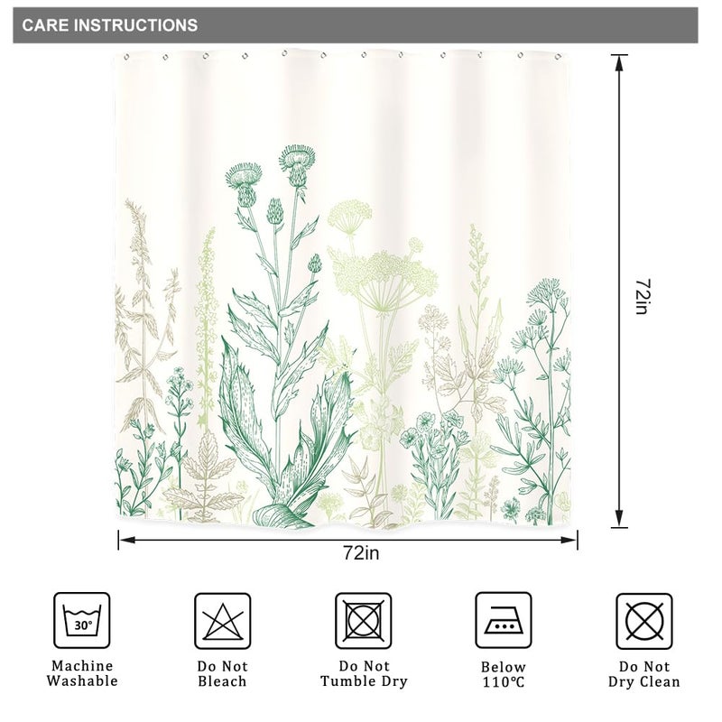 Riyidecor Green Floral Wildflower Shower Curtain for Bathroom Decor 72Wx72H Rustic Botanical Plant Leaves Farmhouse Spring Nature Beige Art Printed Fabric Polyester Waterproof 12 Pack Plastic Hooks - Image 5