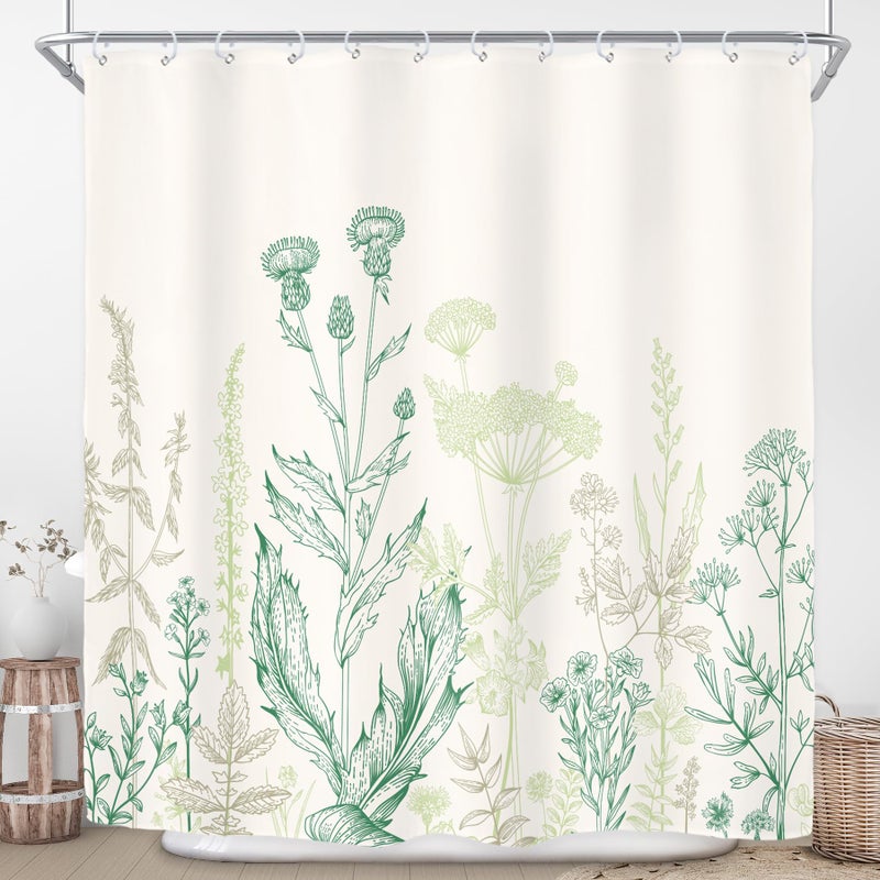 Riyidecor Green Floral Wildflower Shower Curtain for Bathroom Decor 72Wx72H Rustic Botanical Plant Leaves Farmhouse Spring Nature Beige Art Printed Fabric Polyester Waterproof 12 Pack Plastic Hooks - Image 1