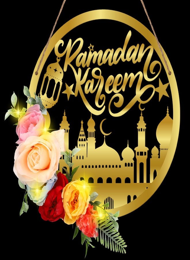 Yaocom أكاليل ياوكوم رمضان مبارك، أكاليل عيد مبارك لتزيين الباب الأمامي، أكاليل زهور صناعية دائرية معدنية معلقة مع إضاءة، أكاليل إسلام مبارك للاستخدام الداخلي والخارجي، على الجدران والنوافذ، في المنزل والحفلات - Image 1