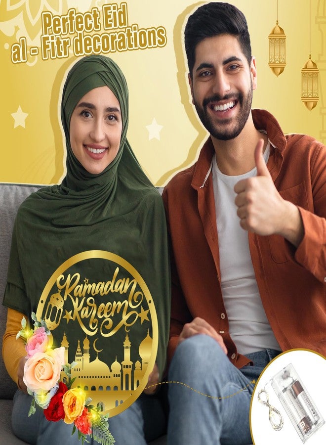 Yaocom أكاليل ياوكوم رمضان مبارك، أكاليل عيد مبارك لتزيين الباب الأمامي، أكاليل زهور صناعية دائرية معدنية معلقة مع إضاءة، أكاليل إسلام مبارك للاستخدام الداخلي والخارجي، على الجدران والنوافذ، في المنزل والحفلات - Image 4