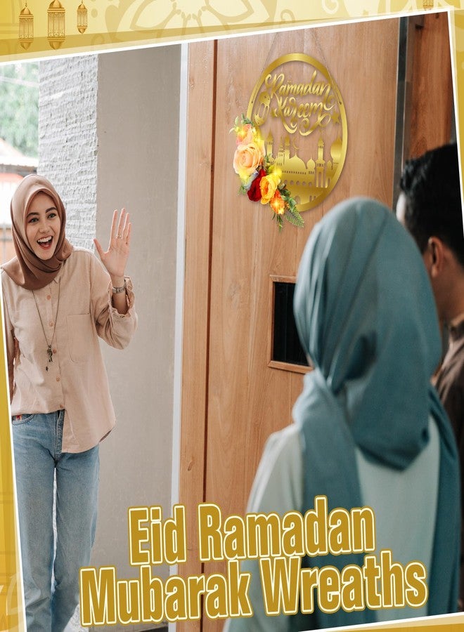 Yaocom أكاليل ياوكوم رمضان مبارك، أكاليل عيد مبارك لتزيين الباب الأمامي، أكاليل زهور صناعية دائرية معدنية معلقة مع إضاءة، أكاليل إسلام مبارك للاستخدام الداخلي والخارجي، على الجدران والنوافذ، في المنزل والحفلات - Image 3