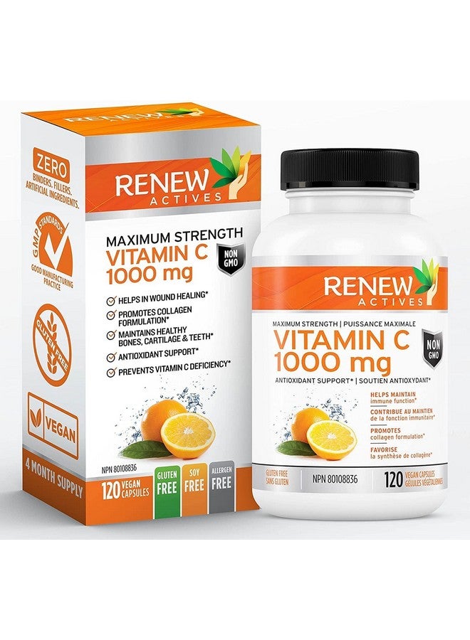 Renew Actives RENEW ACTIVES Maximum Strength Vitamin C 1000MG per Serving - Antioxidant & Immune Booster for Overall Health, Bones, Teeth & Gums - Non-GMO, Sugar-Free, 4-Month Supply - Made in Canada - 120 Capsules  - Image 1