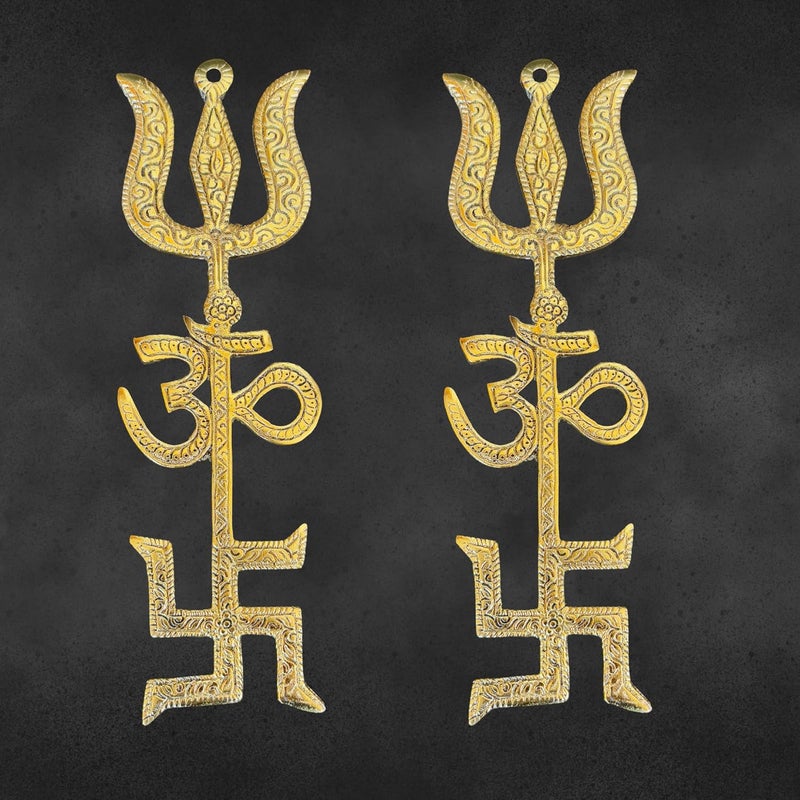 Salvus APP SOLUTIONS Metal Om Trishul Swastik Trishakti Yantra DoorWall Hanging for Home Office Shops 8 inch_Gold set of 2 - Image 1