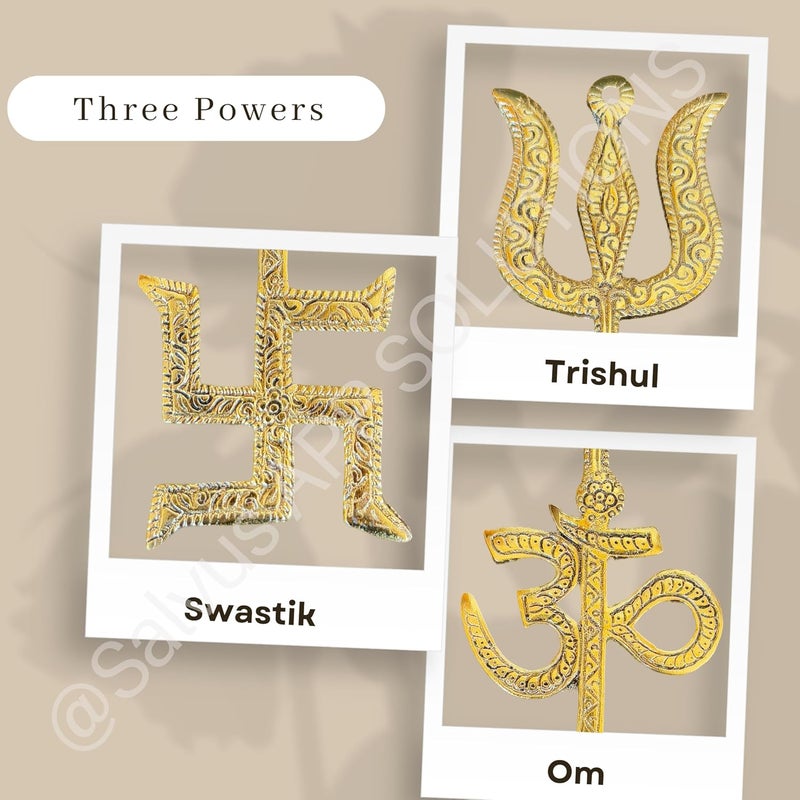 Salvus APP SOLUTIONS Metal Om Trishul Swastik Trishakti Yantra DoorWall Hanging for Home Office Shops 8 inch_Gold set of 2 - Image 4