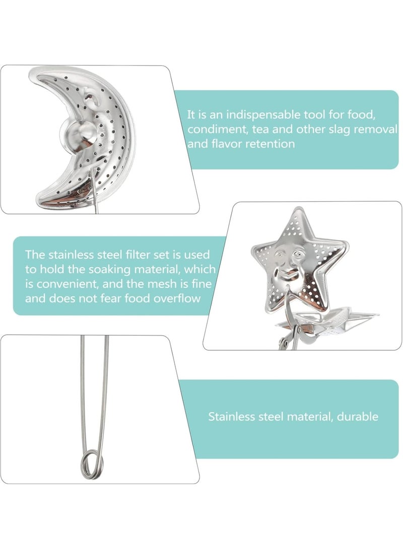 Tea Infuser Strainer, 2 Pcs Moon Star Shape Mesh Tea Ball, Stainless Steel Tea Strainer with Long Handle, Reusable Tea Filter Bags Diffusers for Insert on Teapots, Mugs, Cups, Silver