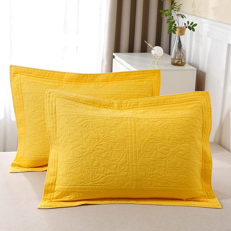 WINLIFE WINLIFE 100% Cotton Quilted Pillow Sham Floral Printed Pillow Cover King Size (Gold/Yellow)  - Image 1