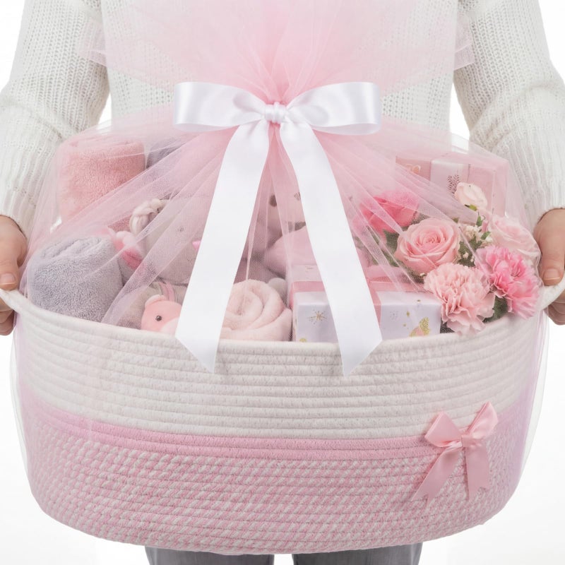 Colingmill Large Mothers Day Gift Basket Empty 17x13x76 Storage Basket with Gift Bag Ribbon and Tulle Gifts Card Paper Filler for DIY Baby Toy Baskets with Handles - Image 2