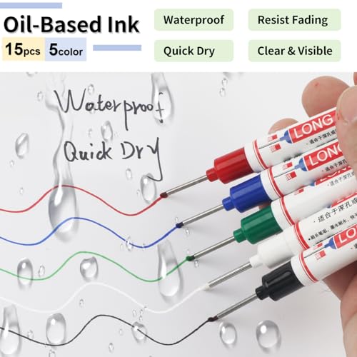 Mkobon 15 Pcs Long Nib Marker, 20 mm Long Head Deep Hole Marker Pens, Fine Nose Tip Deep Reach Permanent Paint Markers for Metal, Marking Pen for Drilling, Carpenter, Woodworking, Construction (Colorful) - Image 3