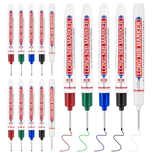 Mkobon 15 Pcs Long Nib Marker, 20 mm Long Head Deep Hole Marker Pens, Fine Nose Tip Deep Reach Permanent Paint Markers for Metal, Marking Pen for Drilling, Carpenter, Woodworking, Construction (Colorful) - Image 1