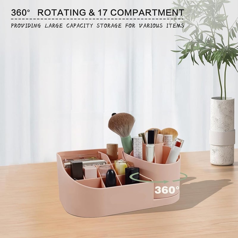 WROPZO 1pc Baby Pink Rotating Makeup Box Desktop Cosmetics Storage Box Turntable Desk Organizer Rotating Display Makeup Storage Lipstick Box with Compartments Stationery Holder Home Supplies for - Image 3