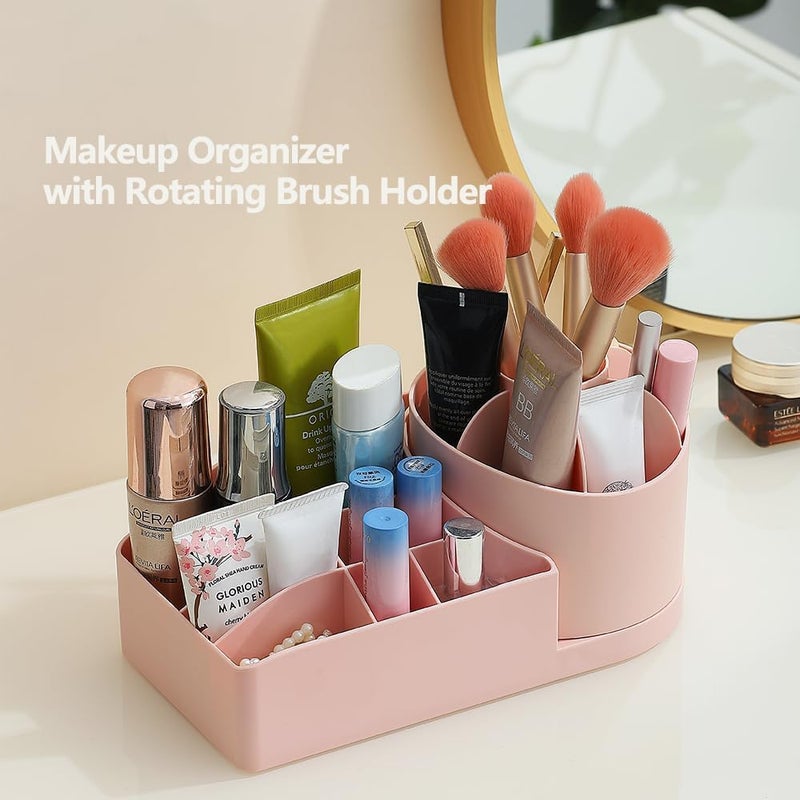 WROPZO 1pc Baby Pink Rotating Makeup Box Desktop Cosmetics Storage Box Turntable Desk Organizer Rotating Display Makeup Storage Lipstick Box with Compartments Stationery Holder Home Supplies for - Image 2