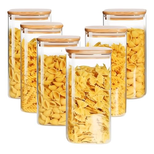 Ash  Roh Ash & Roh Square Glass Spice Jars with Airtight Bamboo Lids, Perfect for Storing Spices, Herbs, and Seasonings (pack of 6, 790ml) - Image 1
