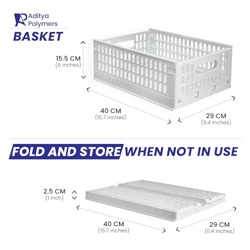 Aditya polymers Plastic Storage Crates 10 Kg Capacity White | 2 Pc Set Foldable Stackable Rectangular Storage Bins with Wheels & Side Handles | Collapsible Multipurpose Organizer for Kitchen Pantry Laundry Bathroom - Image 3