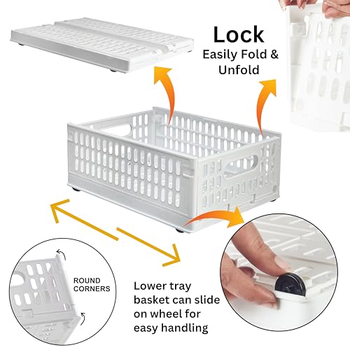 Aditya polymers Plastic Storage Crates 10 Kg Capacity White | 2 Pc Set Foldable Stackable Rectangular Storage Bins with Wheels & Side Handles | Collapsible Multipurpose Organizer for Kitchen Pantry Laundry Bathroom - Image 2
