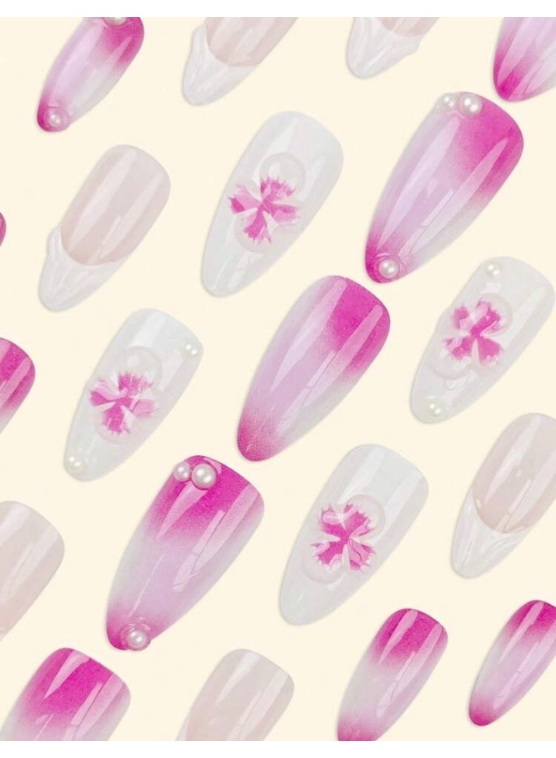 24pcs Short Almond-Shaped Purple Y2K Style 3D Flower Acrylic Reusable False Nails With White Feather Trim, Comes With 24pcs - Image 2