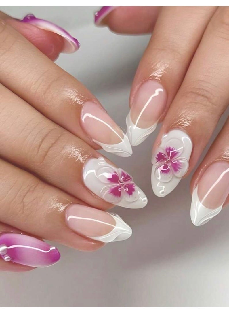 24pcs Short Almond-Shaped Purple Y2K Style 3D Flower Acrylic Reusable False Nails With White Feather Trim, Comes With 24pcs - Image 1