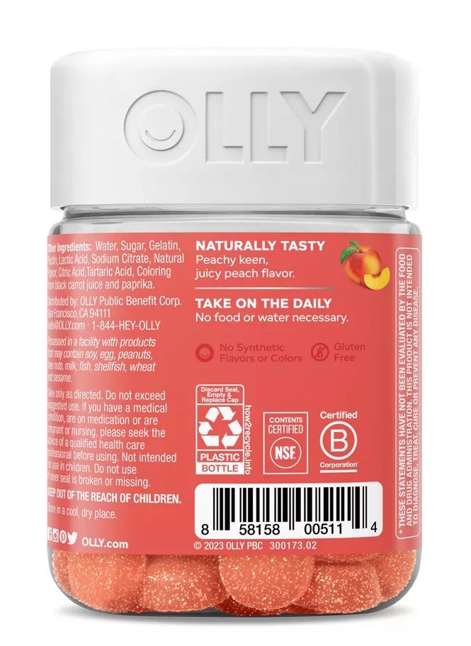OLLY - بروبيوتيك + صمغ البريبايوتك، دعم الجهاز الهضمي وصحة الأمعاء، 500 مليون وحدة تشكيل مستعمرات، ألياف، مكمل غذائي للبالغين قابل للمضغ للرجال والنساء، خوخ، كمية تكفي 30 يومًا - 30 قطعة - Image 1