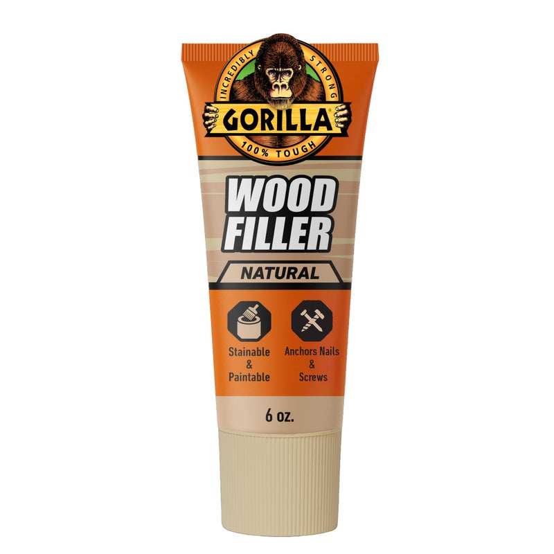 Gorilla All Purpose Wood Filler Natural Color 6 Ounce Tube Pack of 1 Water Resistant for Indoor or Outdoor Projects and Repairs