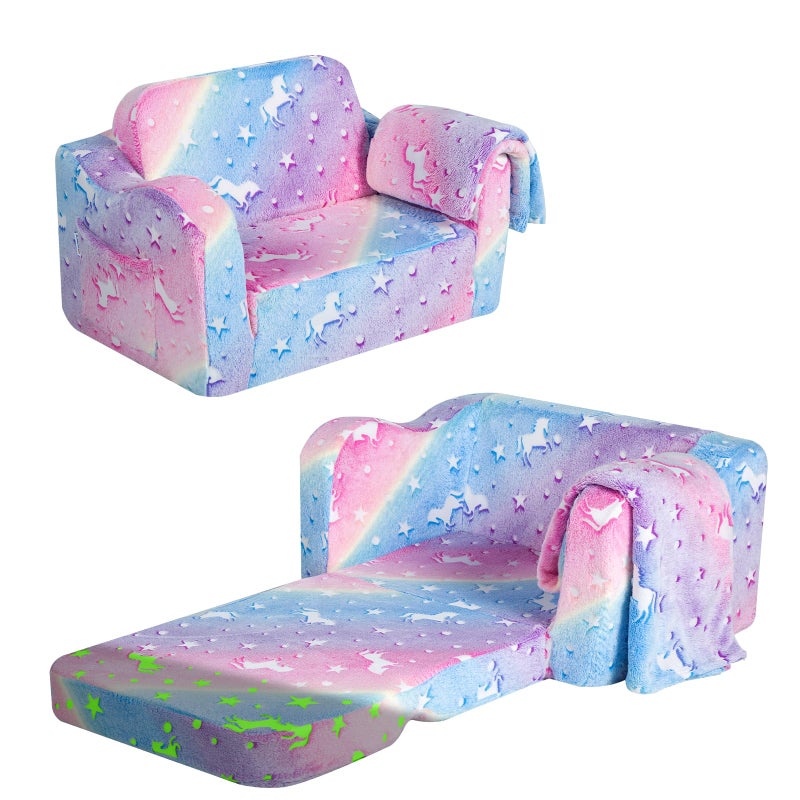 MeMoreCool Folding Kids Sofa Bed Toddler Sofa Chair Soft Plush Fold Out Kids Couch Glow in The Dark Comfy Baby Recliner for Girls  Boys Glowing Unicorn