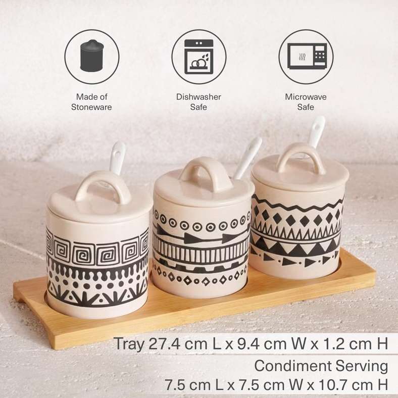 Pan Home Eleni Ethnic 6-Piece Condiment Serving Set with Wooden Tray 210ml -Black & Beige