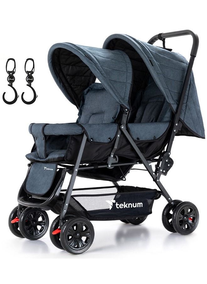 Double Baby Stroller with Hooks - Grey 