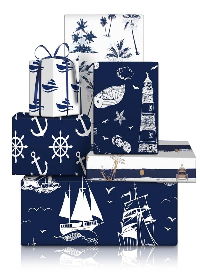 Geluode Sea Ocean Wrapping Paper, Navigation Nautical Sailing Anchor Rope Fish Seagull Boat Lighthouse Blue Gift Paper 20x28 Inches, 6 Folded Sheets with 1 Roll Blue Ribbon, for Birthday, Holiday, Wedding - Image 1